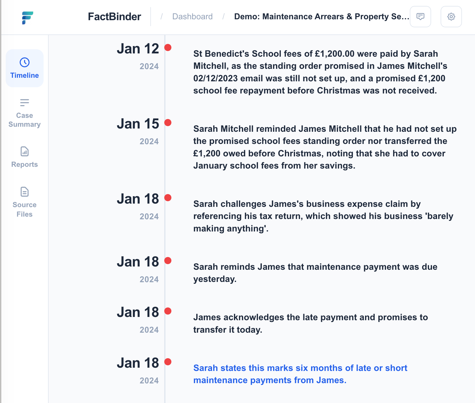 FactBinder Timeline Dashboard